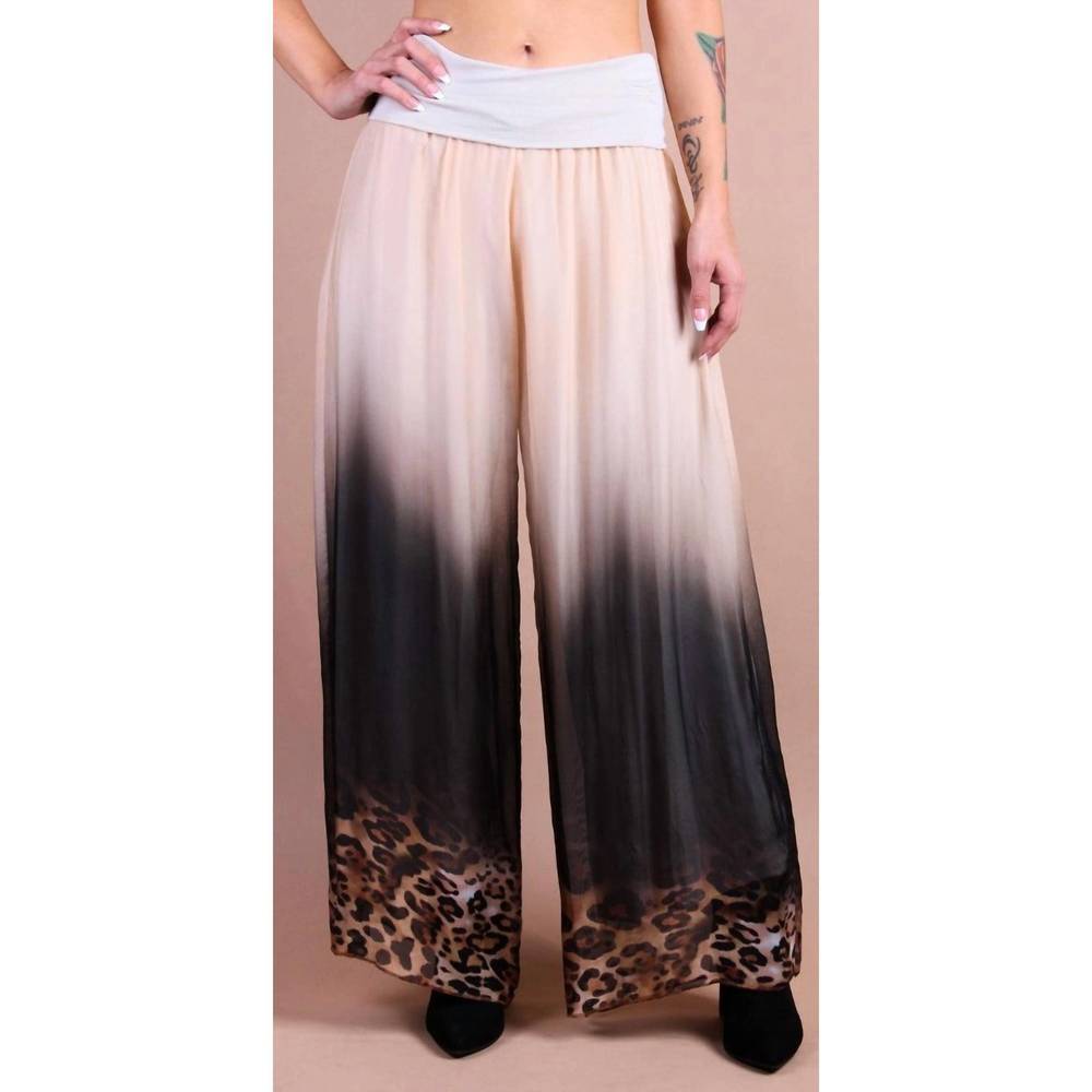 Wide Leg Ombré Leopard Trim Pants - Beige & Black